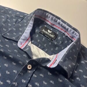 Buttercloth Men's 2XL Blue Bicycle Print Short Sleeve‎ Button Up Shirt
